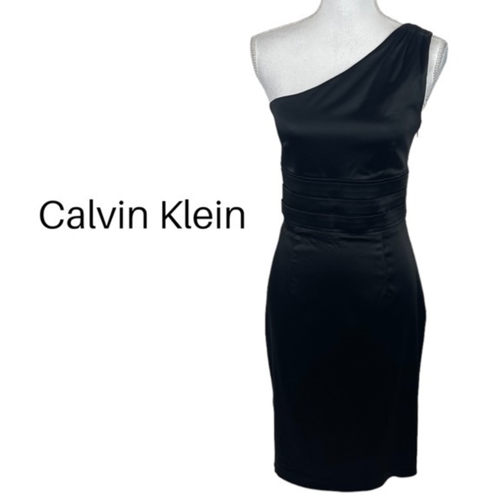 Calvin Klein Black Satin One Shoulder BodyCon Dress NWOT